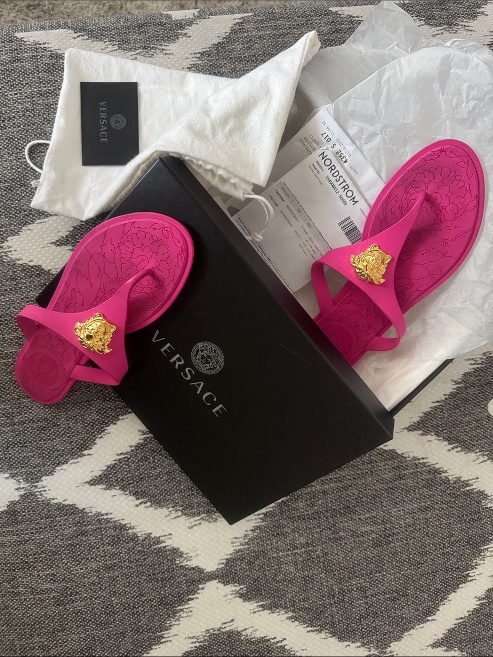 Versace Hot Pink Medusa Gold-Emblem Slide Sandals